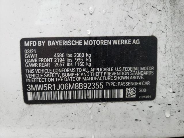 3MW5R1J06M8B92355 - 2021 BMW 330I WHITE photo 12