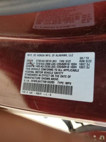 5FNRL6H77KB135385 - 2019 HONDA ODYSSEY EXL Bordo foto 13