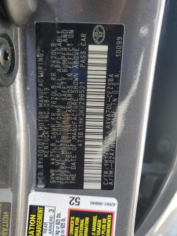 4T1B11HK2KU296521 - 2019 TOYOTA CAMRY L ნაცრისფერი ფოტო 12