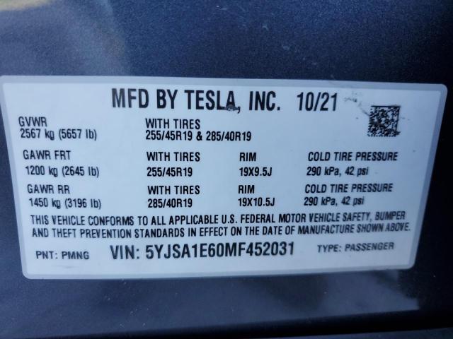 5YJSA1E60MF452031 - 2021 TESLA MODEL S CHARCOAL photo 13