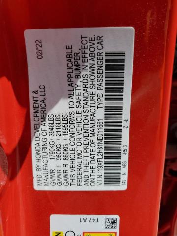 19XFL2H81NE011661 - 2022 HONDA CIVIC SPORT 红色 照片 12