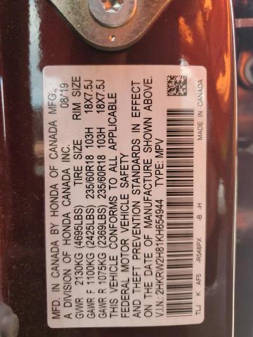 2HKRW2H81KH654944 - 2019 HONDA CR-V EXL RED photo 13