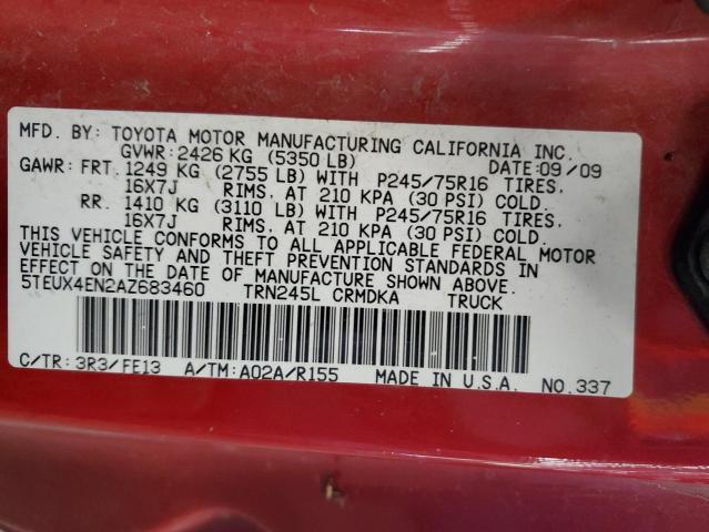 5TEUX4EN2AZ683460 - 2010 TOYOTA TACOMA ACCESS CAB წითელი ფოტო 12