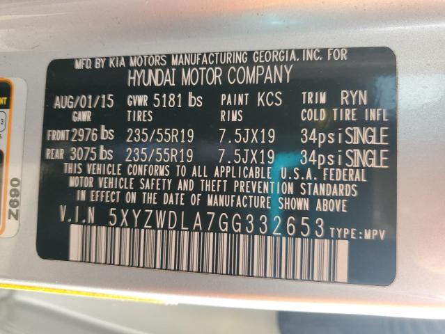 5XYZWDLA7GG332653 - 2016 HYUNDAI SANTA FE S SILVER photo 12