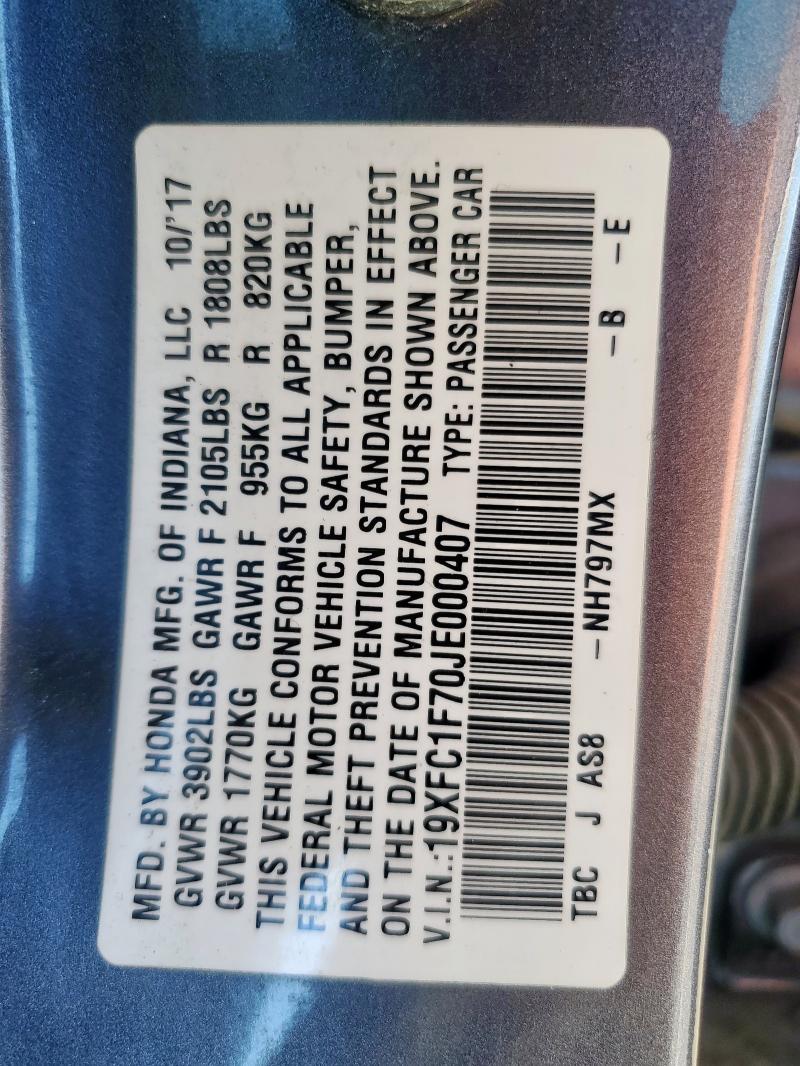 19XFC1F70JE000407 - 2018 HONDA CIVIC EXL Մոխրագույն լուսանկար 14