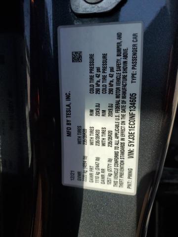 5YJ3E1EC0NF134605 - 2022 TESLA MODEL 3 Boz foto 12