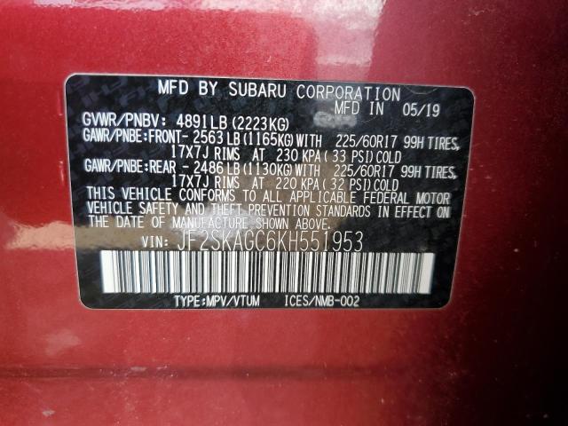 JF2SKAGC6KH551953 - 2019 SUBARU FORESTER PREMIUM 勃艮第红 照片 12