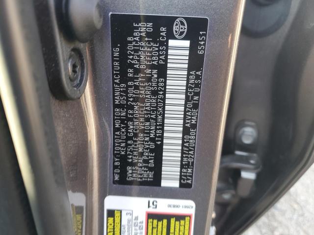 4T1B11HK5KU794289 - 2019 TOYOTA CAMRY L GRAY photo 12