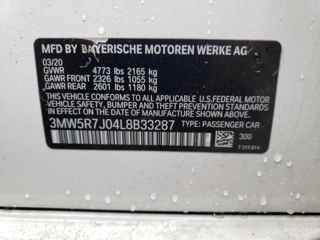 3MW5R7J04L8B33287 - 2020 BMW 330XI WHITE photo 12