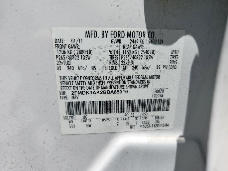 2FMDK3AK2BBA85319 - 2011 FORD EDGE SPORT Սպիտակ լուսանկար 12