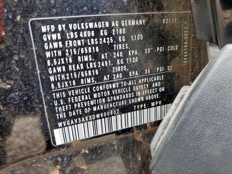 WVGAV3AXXDW600607 - 2013 VOLKSWAGEN TIGUAN S BLACK photo 14
