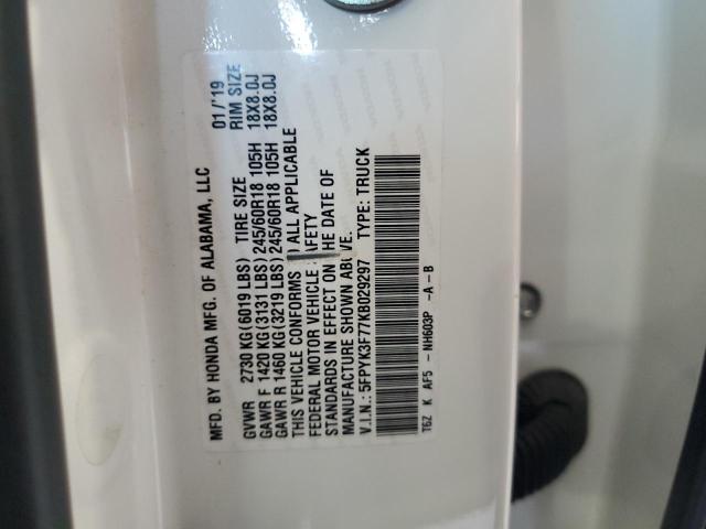 5FPYK3F77KB029297 - 2019 HONDA RIDGELINE RTL WHITE photo 13