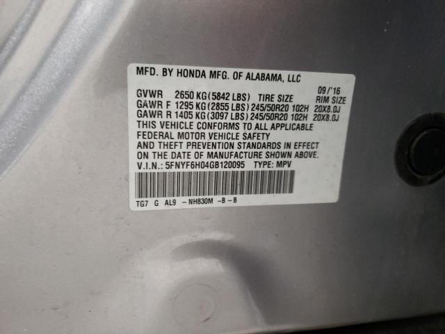 5FNYF6H04GB120095 - 2016 HONDA PILOT ELITE SILVER photo 13