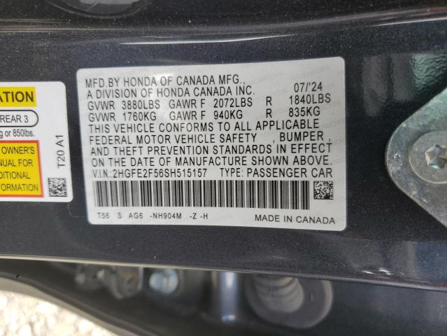 2HGFE2F56SH515157 - 2025 HONDA CIVIC SPORT Графитовый фото 12