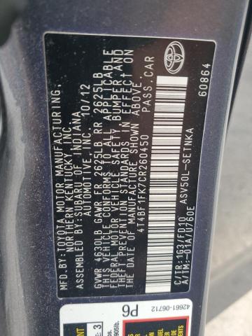 4T4BF1FK7CR260450 - 2012 TOYOTA CAMRY BASE GRAY photo 12
