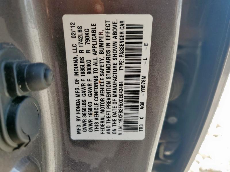 19XFB2F5XCE043484 - 2012 HONDA CIVIC LX GRAY photo 12