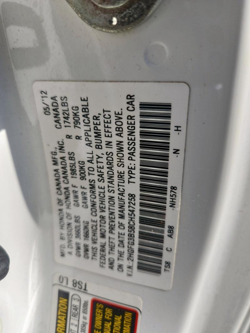 2HGFG3B58CH547258 - 2012 HONDA CIVIC LX WHITE photo 12