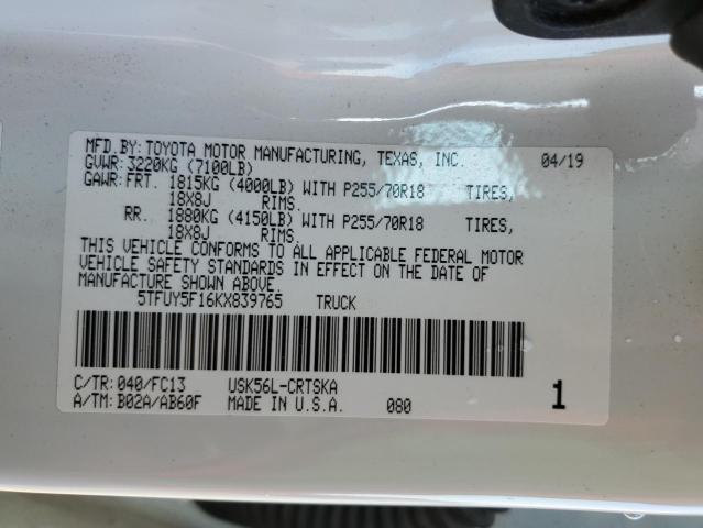 5TFUY5F16KX839765 - 2019 TOYOTA TUNDRA DOUBLE CAB SR/SR5 WHITE photo 12