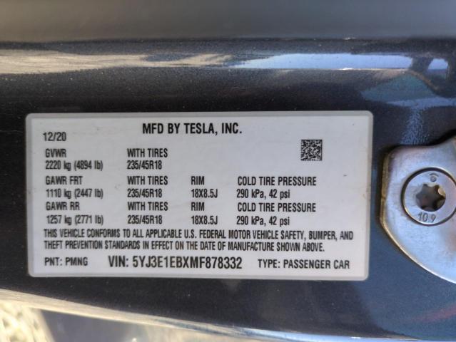 5YJ3E1EBXMF878332 - 2021 TESLA MODEL 3 Grafit foto 12