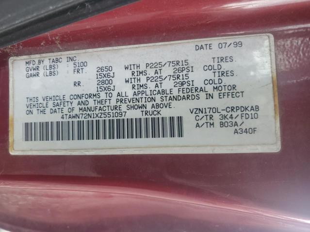 4TAWN72N1XZ551097 - 1999 TOYOTA TACOMA XTRACAB RED photo 12