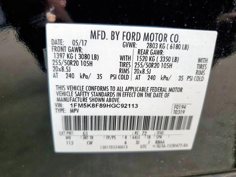 1FM5K8F89HGC92113 - 2017 FORD EXPLORER LIMITED BLACK photo 13