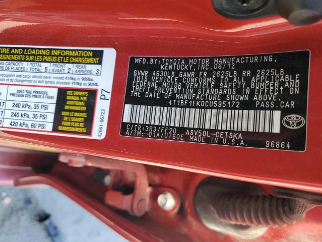 4T1BF1FK0CU595172 - 2012 TOYOTA CAMRY BASE RED photo 12