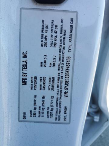 5YJ3E1EB5KF487456 - 2019 TESLA MODEL 3 Blanc photo 12