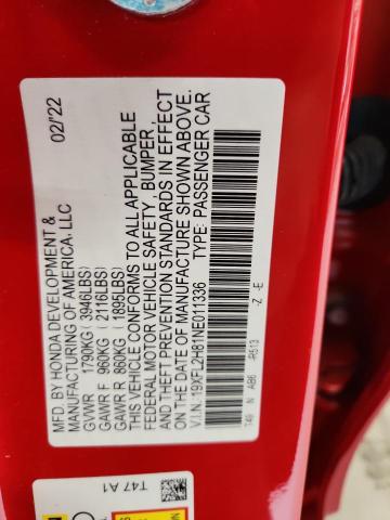 19XFL2H81NE011336 - 2022 HONDA CIVIC SPORT RED photo 12