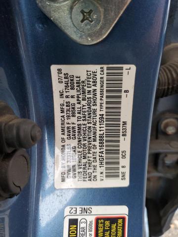 1HGFA16888L111594 - 2008 HONDA CIVIC EX BLUE photo 12