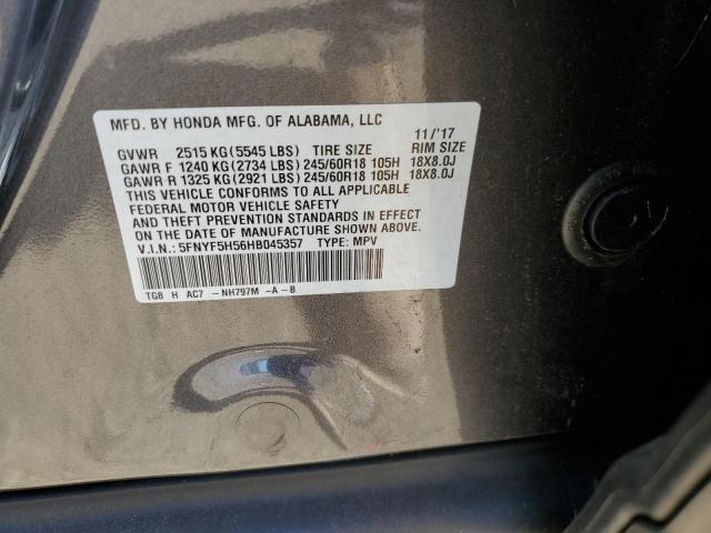 5FNYF5H56HB045357 - 2017 HONDA PILOT EXL GRAY photo 13