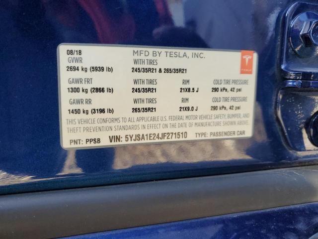 5YJSA1E24JF271510 - 2018 TESLA MODEL S Կապույտ լուսանկար 12