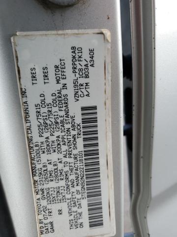 5TEGN92N22Z118101 - 2002 TOYOTA TACOMA DOUBLE CAB PRERUNNER SILVER photo 12