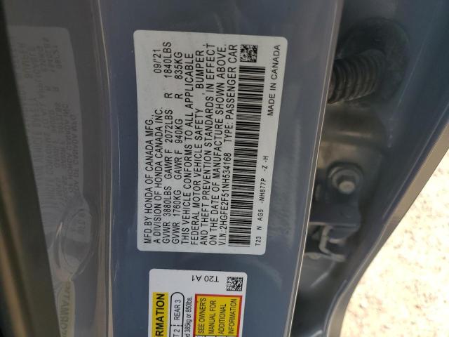 2HGFE2F51NH534168 - 2022 HONDA CIVIC SPORT BLUE photo 12