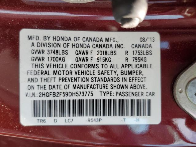 2HGFB2F59DH573775 - 2013 HONDA CIVIC LX მუქწითელი ფოტო 12