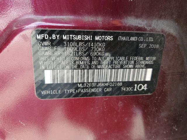 ML32F3FJ6KHF02188 - 2019 MITSUBISHI MIRAGE G4 ES მუქწითელი ფოტო 13