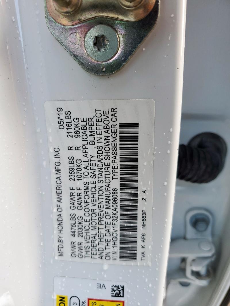 1HGCV1F32KA096086 - 2019 HONDA ACCORD SPORT Weiß Foto 13