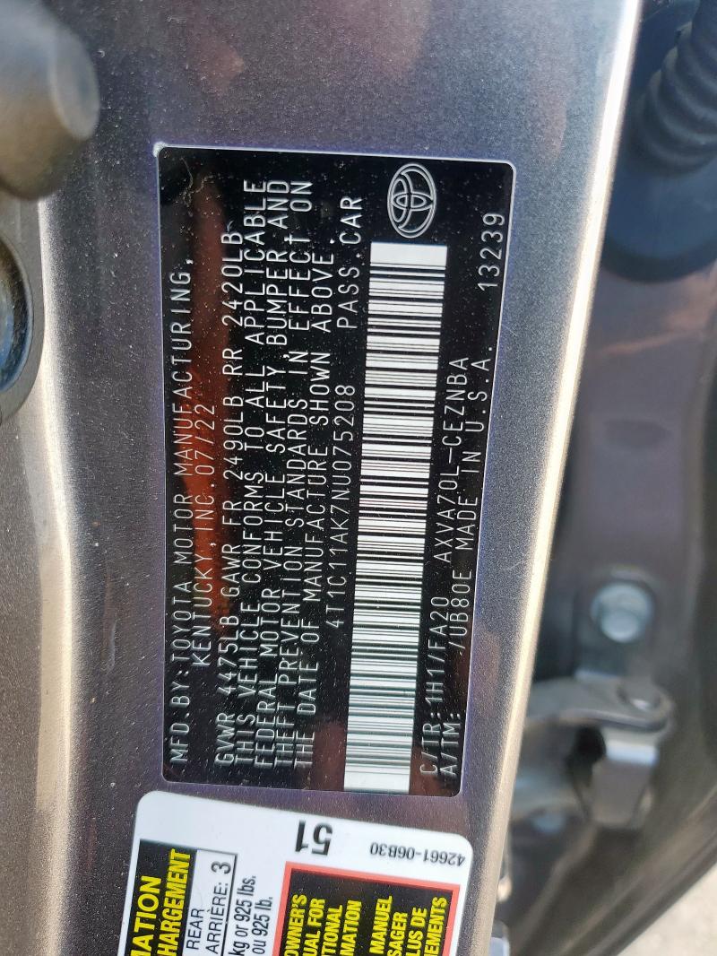 4T1C11AK7NU075208 - 2022 TOYOTA CAMRY LE GRAY photo 12