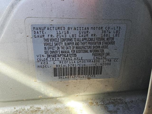 3N1AB7AP7KL612725 - 2019 NISSAN SENTRA S SILVER photo 13