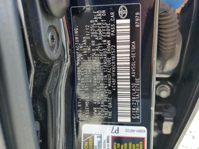4T4BF1FK6CR187572 - 2012 TOYOTA CAMRY BASE BLACK photo 12