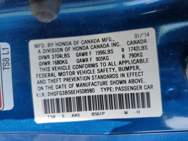 2HGFG3B56EH508980 - 2014 HONDA CIVIC LX BLUE photo 12