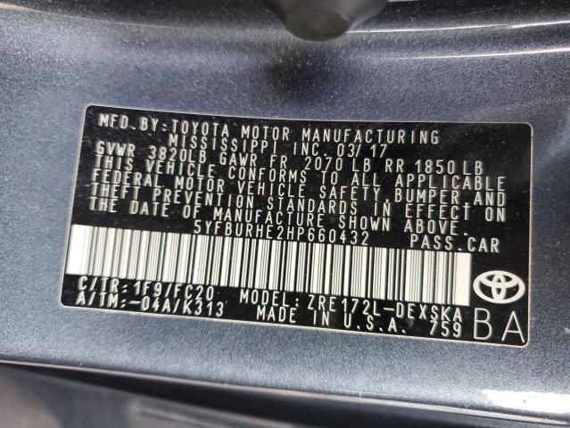 5YFBURHE2HP660432 - 2017 TOYOTA COROLLA L GRAY photo 12