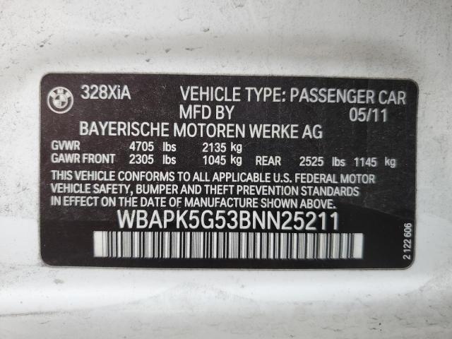 WBAPK5G53BNN25211 - 2011 BMW 328 XI SULEV WHITE photo 13