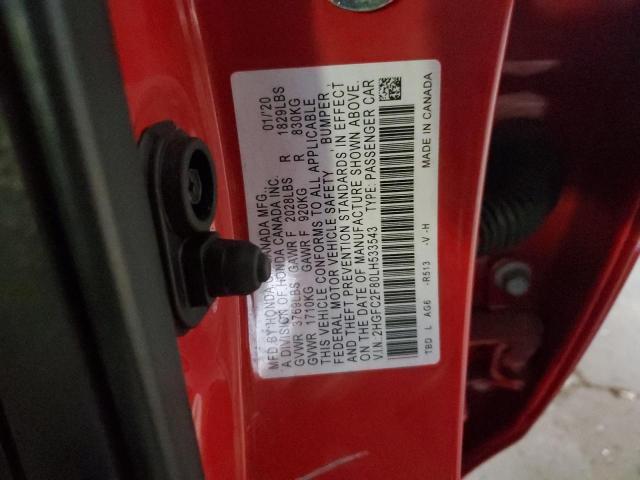 2HGFC2F80LH533543 - 2020 HONDA CIVIC SPORT წითელი ფოტო 12