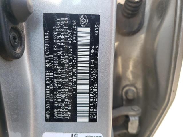4T1B11HK0JU654259 - 2018 TOYOTA CAMRY L 银色 照片 12