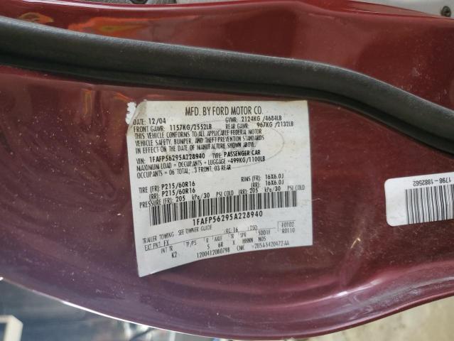 1FAFP56295A228940 - 2005 FORD TAURUS SEL MAROON photo 12