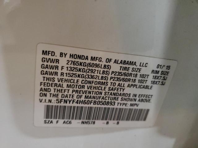 5FNYF4H60FB050893 - 2015 HONDA PILOT EXL WHITE photo 14