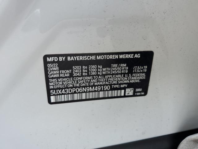 5UX43DP06N9M49190 - 2022 BMW X3 SDRIVE30I WHITE photo 13