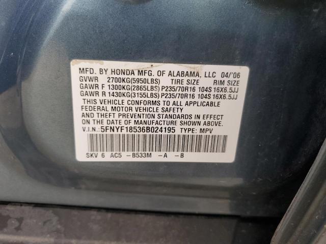 5FNYF18536B024195 - 2006 HONDA PILOT EX BLUE photo 13