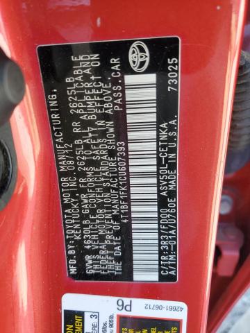 4T1BF1FK1CU607393 - 2012 TOYOTA CAMRY BASE RED photo 13