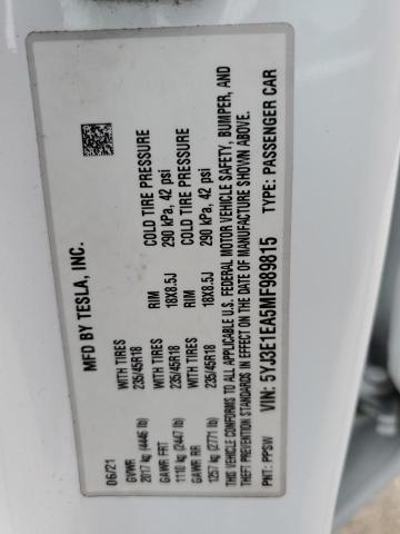 5YJ3E1EA5MF989815 - 2021 TESLA MODEL 3 WHITE photo 13
